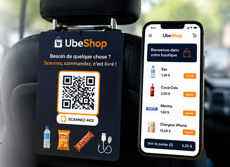 QR code UbeShop et application mobile dans la voiture